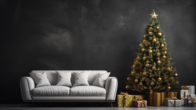 Foto de uma sala de estar aconchegante decorada com uma árvore de Natal festiva com presentes por baixo