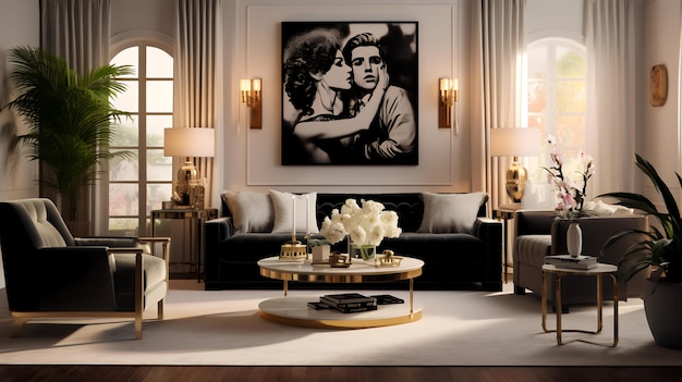 Foto de uma sala de estar clássica inspirada em Hollywood