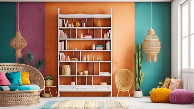 Foto de uma sala de estar com móveis brancos e coleção de estantes gerada por IA