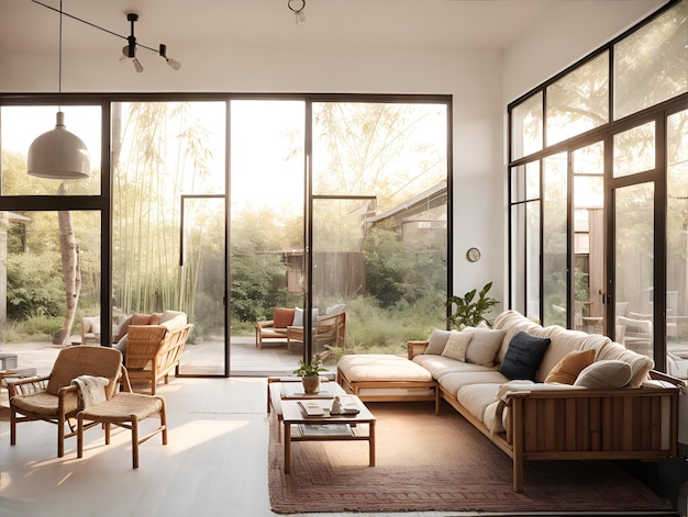 Foto de uma sala de estar iluminada e arejada, com muita luz natural e móveis elegantes