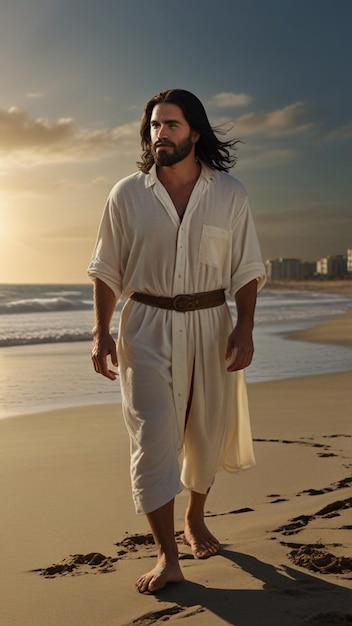 Foto foto de uma serenidade divina tradicional jesus caminhando ao longo da praia banhado pela luz do sol