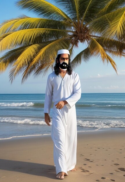 Foto foto de uma serenidade divina tradicional jesus caminhando ao longo da praia banhado pela luz do sol