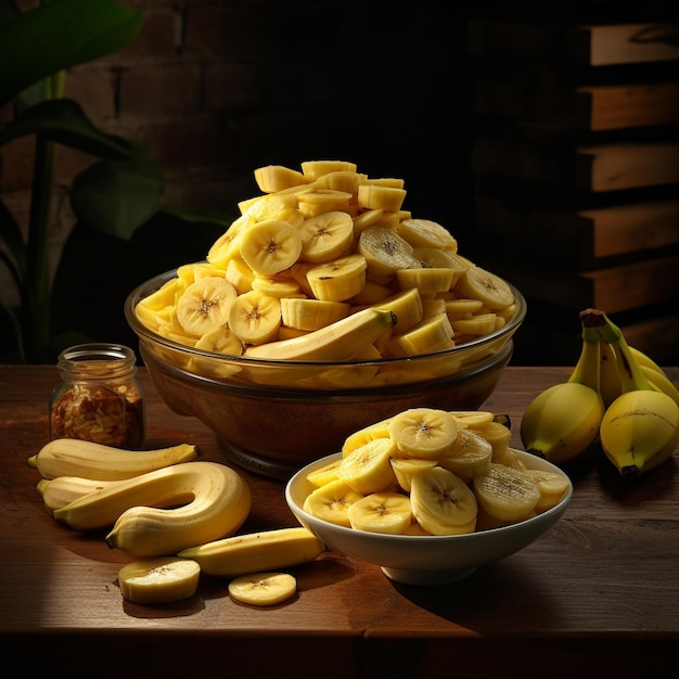 Foto de uma tigela de banana madura e fatias com fundo isolado