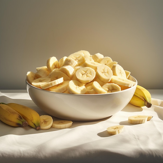 Foto de uma tigela de banana madura e fatias com fundo isolado