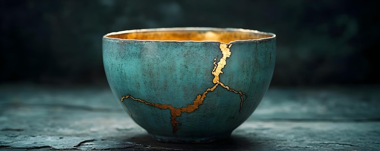 Foto foto de uma tigela de kintsugi turquesa e dourada