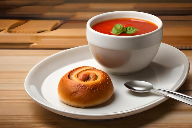 Foto de uma tigela de sopa de tomate com um rolo ao lado