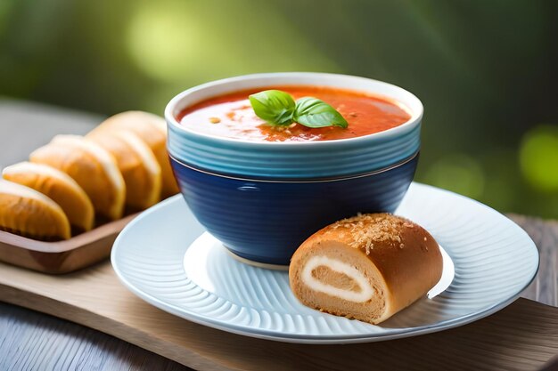 Foto de uma tigela de sopa de tomate com um rolo ao lado