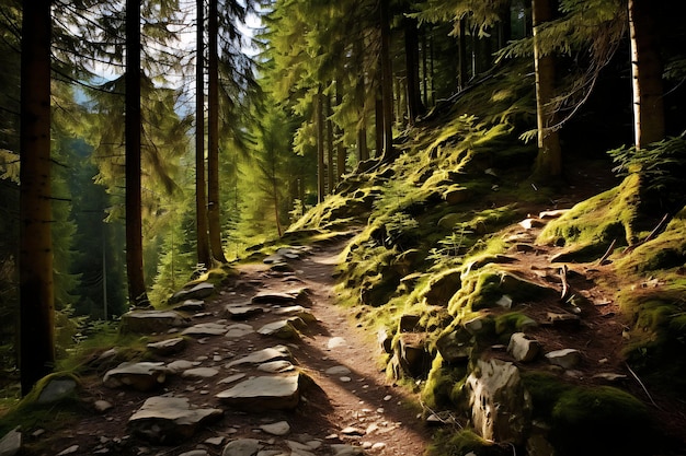 Foto de uma trilha de caminhada através de uma floresta densa