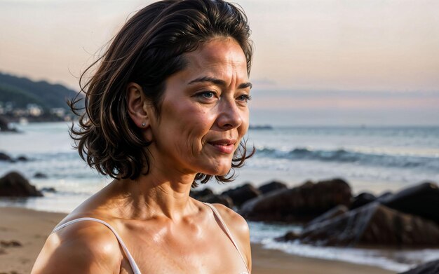 Foto de uma velha de meia-idade em casa perto da IA generativa da praia do mar