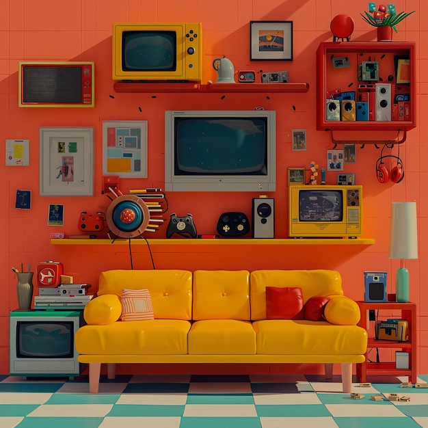 Foto de uma velha TV vintage em fundo colorido na linha de inspiração retro