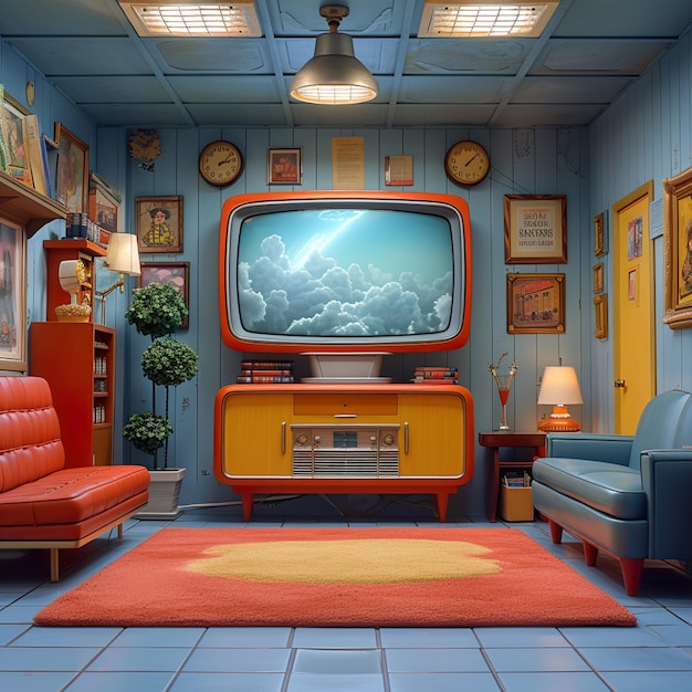 Foto de uma velha TV vintage em fundo colorido no estilo de inspiração retro