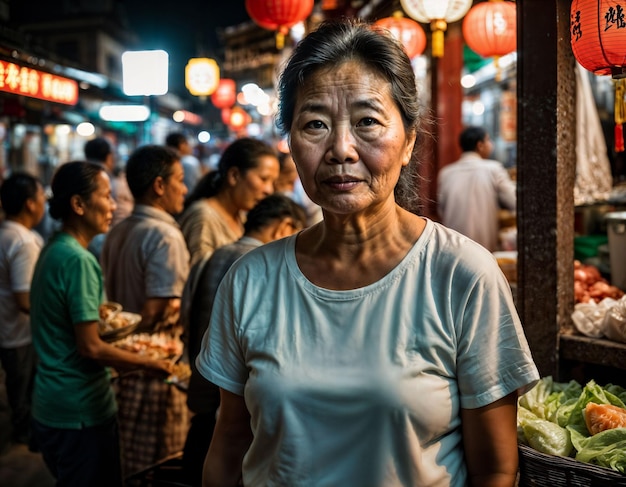 foto de uma velha vendedora sênior na China no mercado de rua local à noite