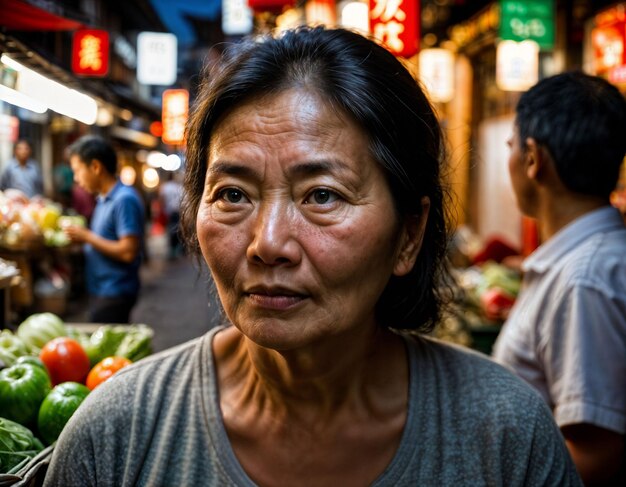 foto de uma velha vendedora sênior na China no mercado de rua local à noite