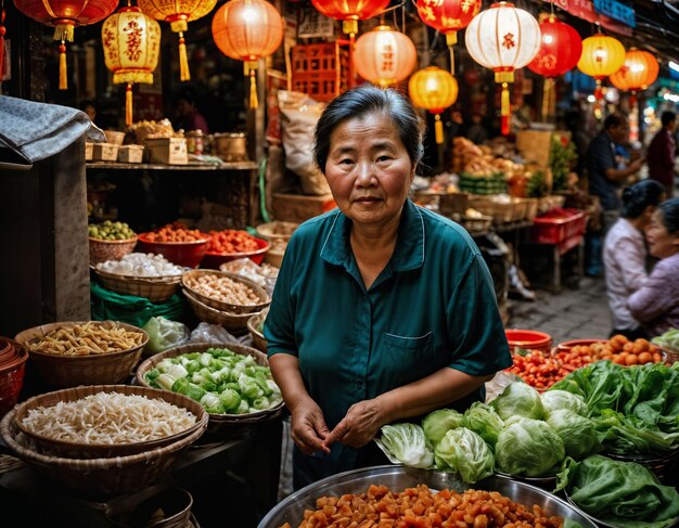 foto de uma velha vendedora sênior na China no mercado de rua local à noite