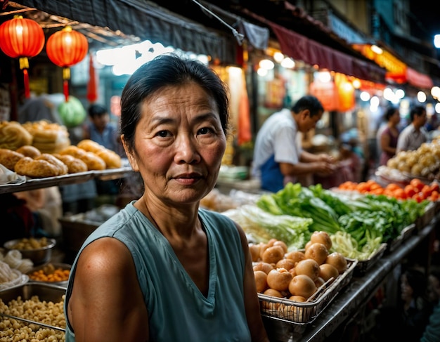 foto de uma velha vendedora sênior na China no mercado de rua local à noite