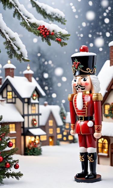Foto De Uma Vila Nevada De Natal Com Uma Estátua De Quebra-Nozes E Decorações De Visco