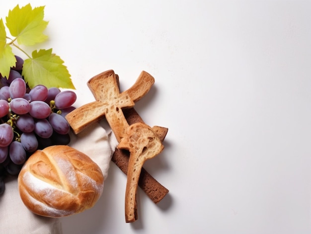 Foto de uvas de copo de pão e cruz de madeira em fundo branco espaço para texto