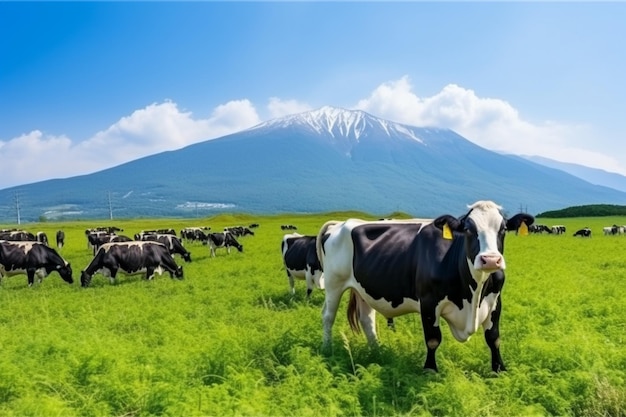 foto de vacas comendo grama exuberante no campo verde em frente à montanha Fuji, no Japão
