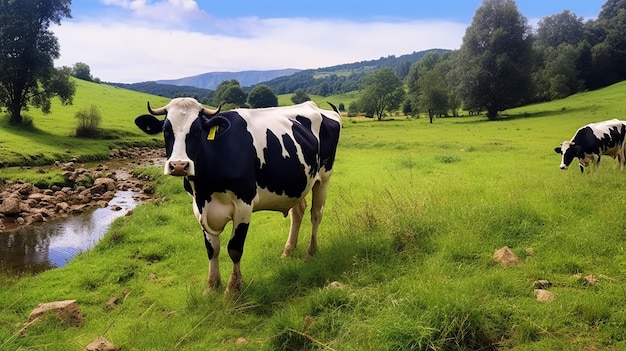 Foto de vacas deitadas na grama com uma bela paisagem natural