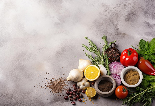 Foto de várias especiarias em fundo rústico preto com tomate e top vies