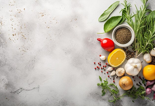 Foto de várias especiarias em fundo rústico preto com tomate e vista superior