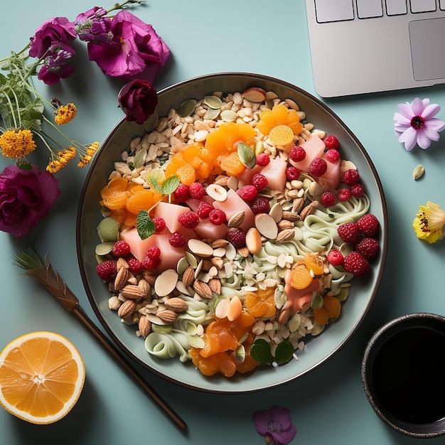 foto de várias frutas frescas e doces em uma tigela em uma bandeja