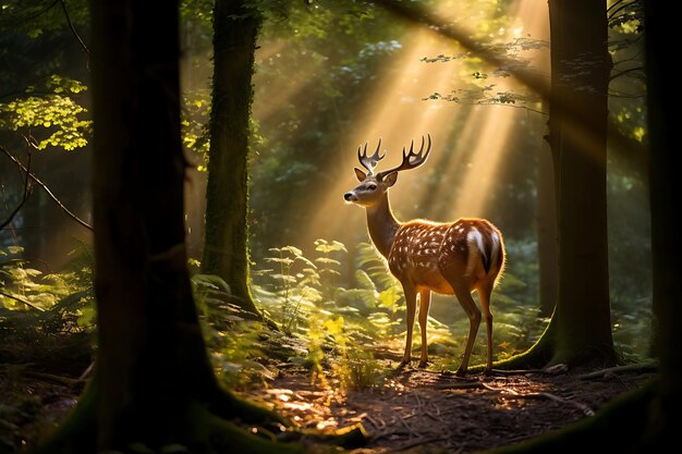 Foto de veado selvagem em uma clareira florestal iluminada pelo sol