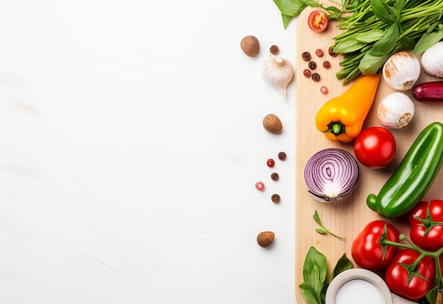 Foto de vegetais de cores diferentes na tábua de corte e vista superior de fundos vegetais