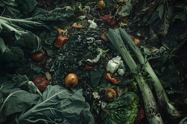 Foto de vegetais podres no lixo ilustrando o desperdício de alimentos e a necessidade de reduzi-lo em casa Conceito Desperdício de Alimentos Reduzir Vegetais Podres no Lixo Sustentabilidade em Casa