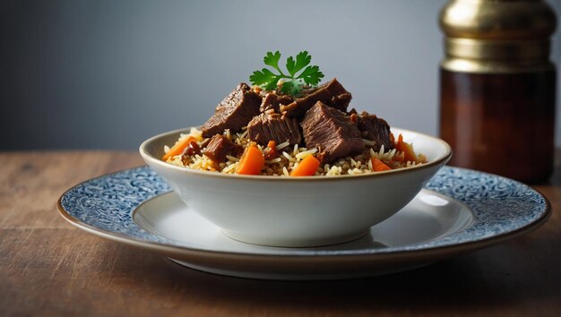 foto de vista lateral pilaf com carne de vaca guisada em um prato