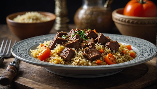 foto de vista lateral pilaf com carne de vaca guisada em um prato