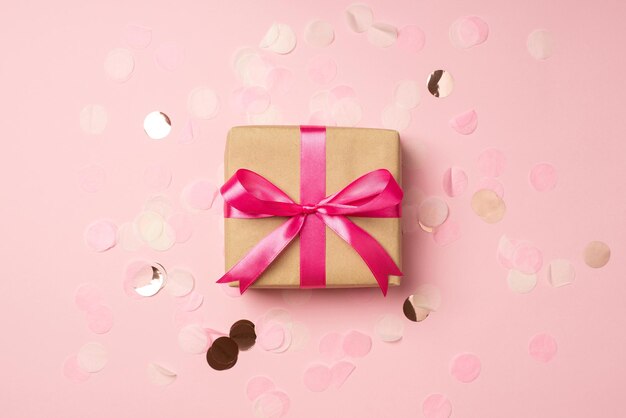 Foto de vista superior da caixa de presente de papel artesanal elegante com laço de fita rosa e grandes lantejoulas brilhantes em fundo rosa pastel isolado