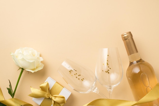 Foto de vista superior da fita de seda dourada rosa branca dois copos de vinho com lantejoulas douradas garrafa de vinho branco e caixa de presente branca com laço em fundo bege isolado com espaço vazio