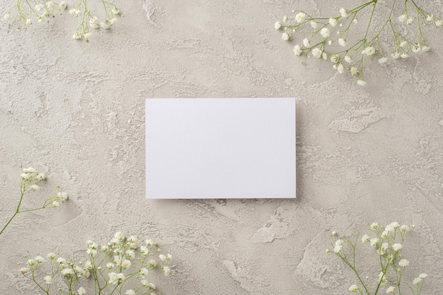 Foto de vista superior da folha de papel de composição do dia da mulher e flores brancas de gypsophila em fundo de concreto cinza texturizado isolado com espaço em branco