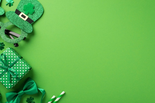 Foto de vista superior das decorações do dia de são patrício, óculos de festa em forma de chapéu, gravata borboleta verde, confete, canudos e caixa de presente em fundo verde pastel isolado com espaço para cópia