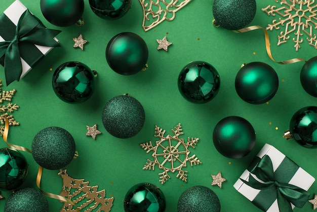 Foto de vista superior de decorações de árvores de natal caixas de presente brancas com laços de fita verde estrelas brilhantes bolas verdes lantejoulas serpentinas douradas ornamentos de pinho e floco de neve em fundo verde isolado