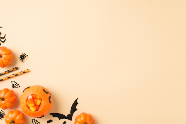 Foto de vista superior de decorações de halloween cesta de abóbora doces milho palhas aranhas web e silhuetas de morcegos em fundo bege isolado com copyspace