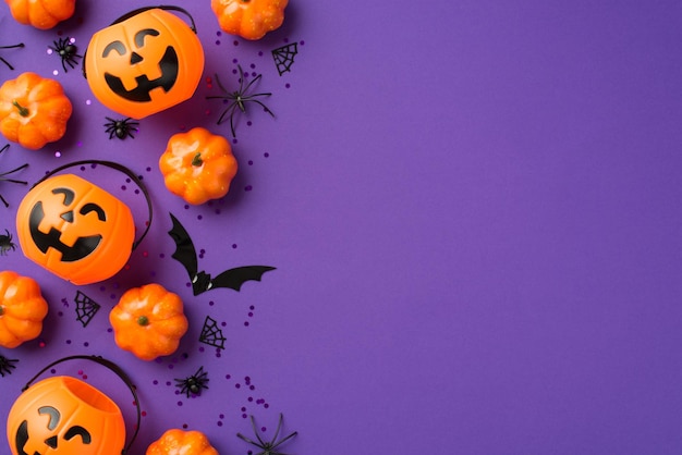 Foto de vista superior de decorações de halloween cestas de abóbora lantejoulas pretas aranhas web e silhueta de morcego em fundo violeta isolado com espaço vazio