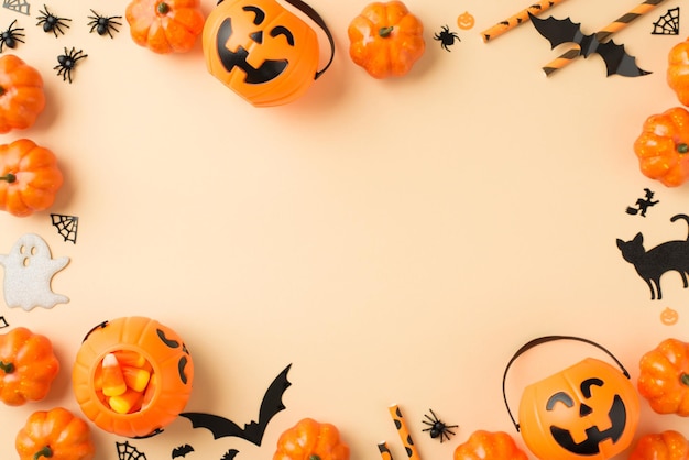 Foto de vista superior de decorações de halloween cestas de abóbora palhas de milho doce aranhas web morcegos fantasma e silhuetas de gato preto em fundo bege isolado com copyspace no meio