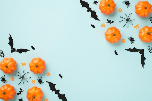 Foto de vista superior de decorações de halloween pequenas abóboras aranhas web gato bruxa e silhuetas de morcegos em fundo azul pastel isolado com espaço vazio