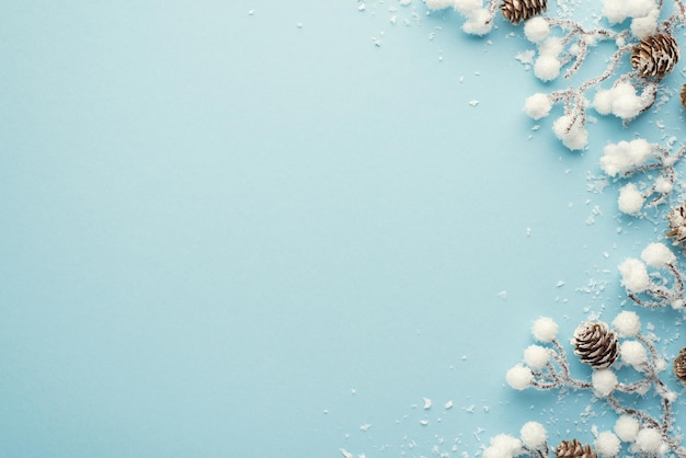 Foto de vista superior de galhos de neve de decorações de natal com pinhas em fundo azul pastel isolado com espaço em branco