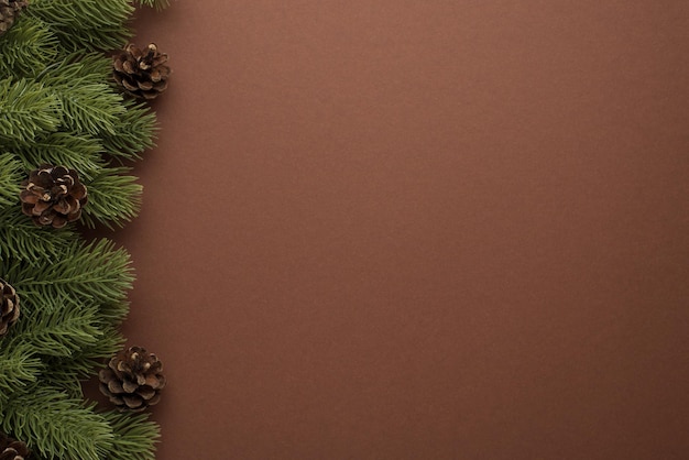 Foto de vista superior de galhos de pinheiro com cones em fundo marrom isolado com copyspace