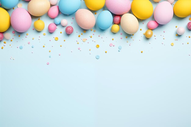 Foto de vista superior do conceito de decoração de Páscoa de ovos de Páscoa azuis rosa amarelos e granulados em pastel isolado