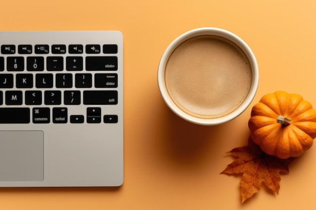 foto de vista superior do conceito de negócio de uma pequena xícara de café, mouse de computador, teclado, mini abóbora