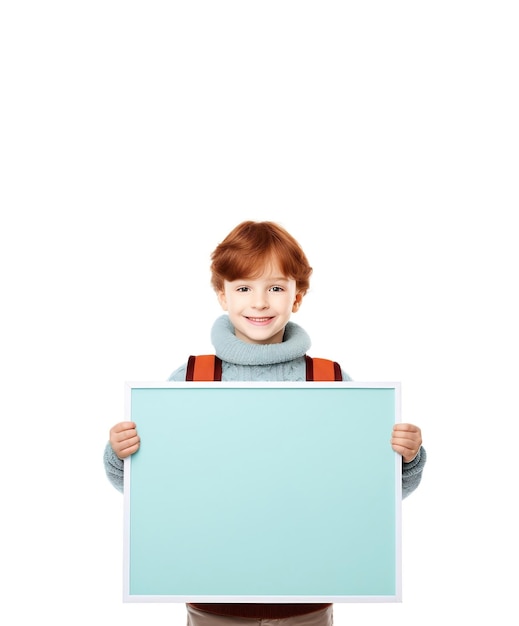 Foto de volta à escola conceito de evento de tiro médio aluno de escola segurando um pequeno quadro em branco