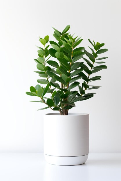 Foto de Zamioculcas zamiifolia em pote minimalista como planta de casa para decoração de casa isolada em whit