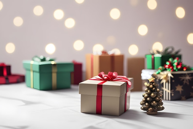 Foto decoración del festival de navidad con cajas de regalo pila espectacular árbol de Navidad