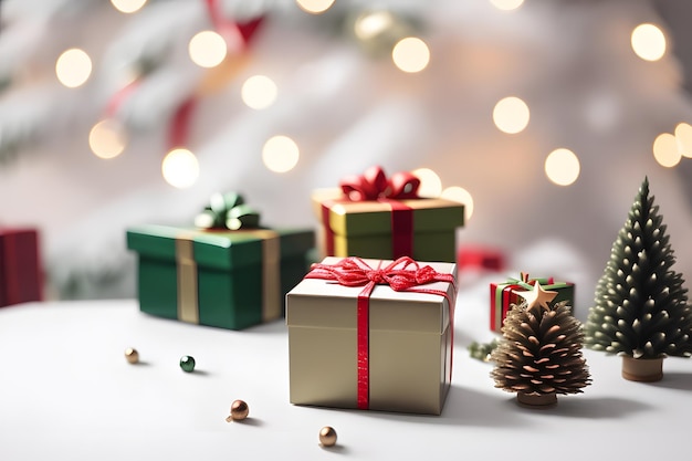 Foto decoración del festival de navidad con cajas de regalo pila espectacular árbol de Navidad