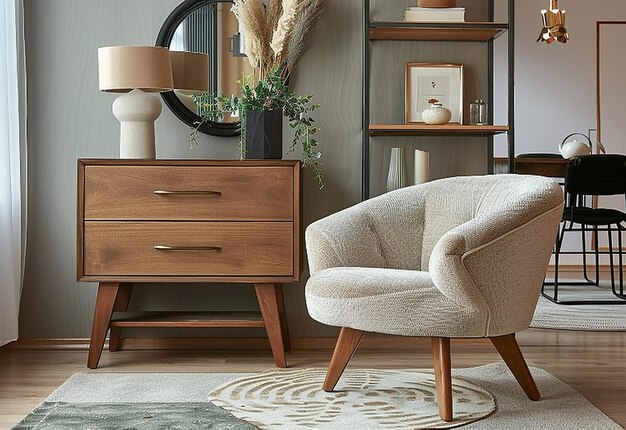 Foto de la decoración interior de la sala de estar con una silla de brazo de madera