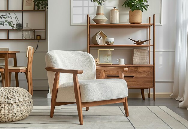 Foto de la decoración interior de la sala de estar con una silla de brazo de madera